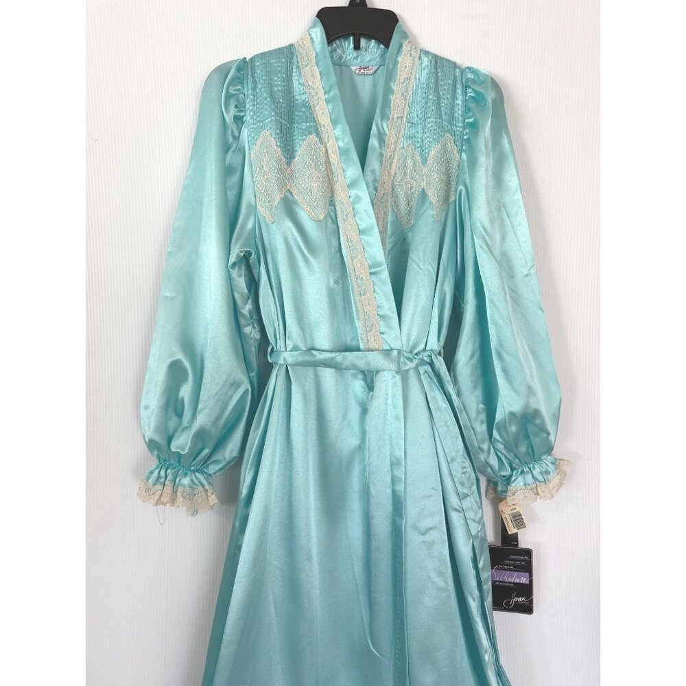 size S Vintage Aqua Satin Robe Lace Trim Silkalure Women's Long Sleeves Belted s - Picture 8 of 9